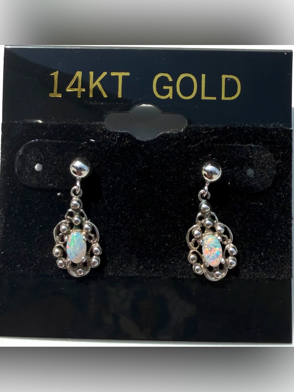 14k White Gold Opal Filigree Dangle Earrings